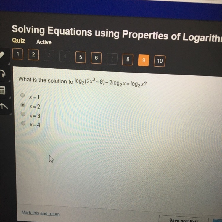 What is the solution to log2(2x^3 - 8) - 2log2x = log2x?-example-1