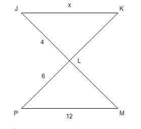 Triangles JKL and PML are similar. Find x.-example-1