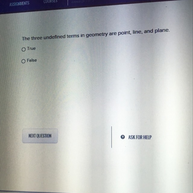 The three undefined terms in geometry are point , line, and plane. True or false-example-1