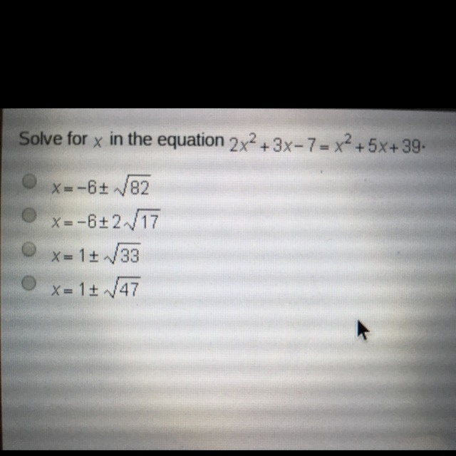 Solve for x in the equation 2x^2 + 3x - 7 = x^2 + 5x + 39-example-1