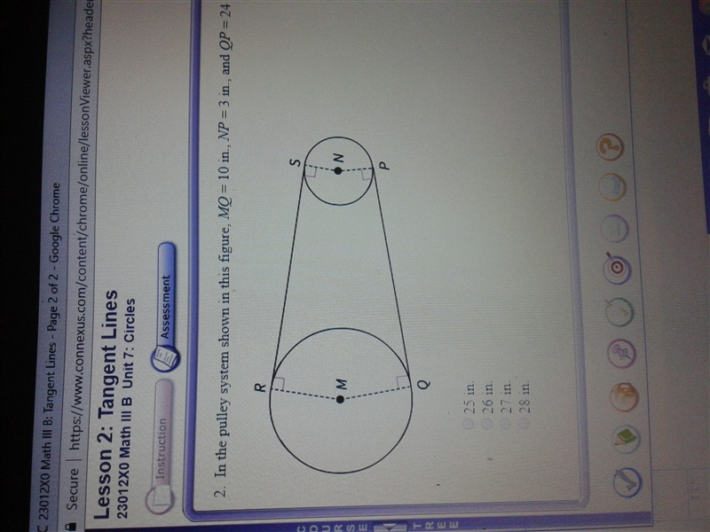 In the pully system shown in this figure, MQ = 10 in, NP = 3in and QP=24in. Find MN-example-1