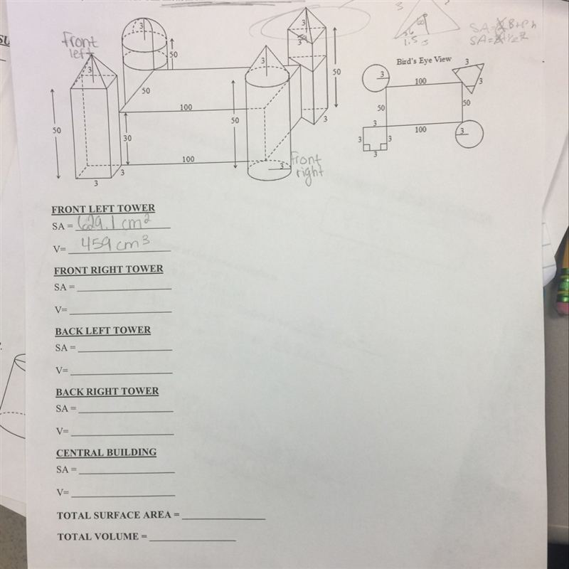 What is the Surface area and volume of all the parts of the castle?-example-1