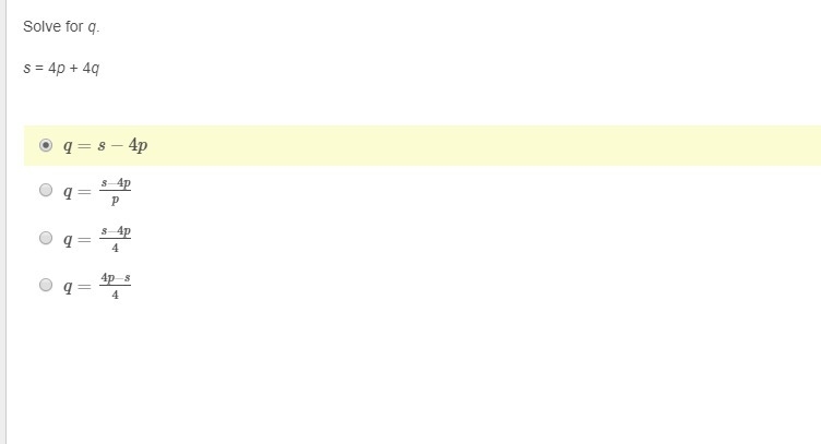 Simple Question Math attachment added Solve for q. s = 4p + 4q-example-1