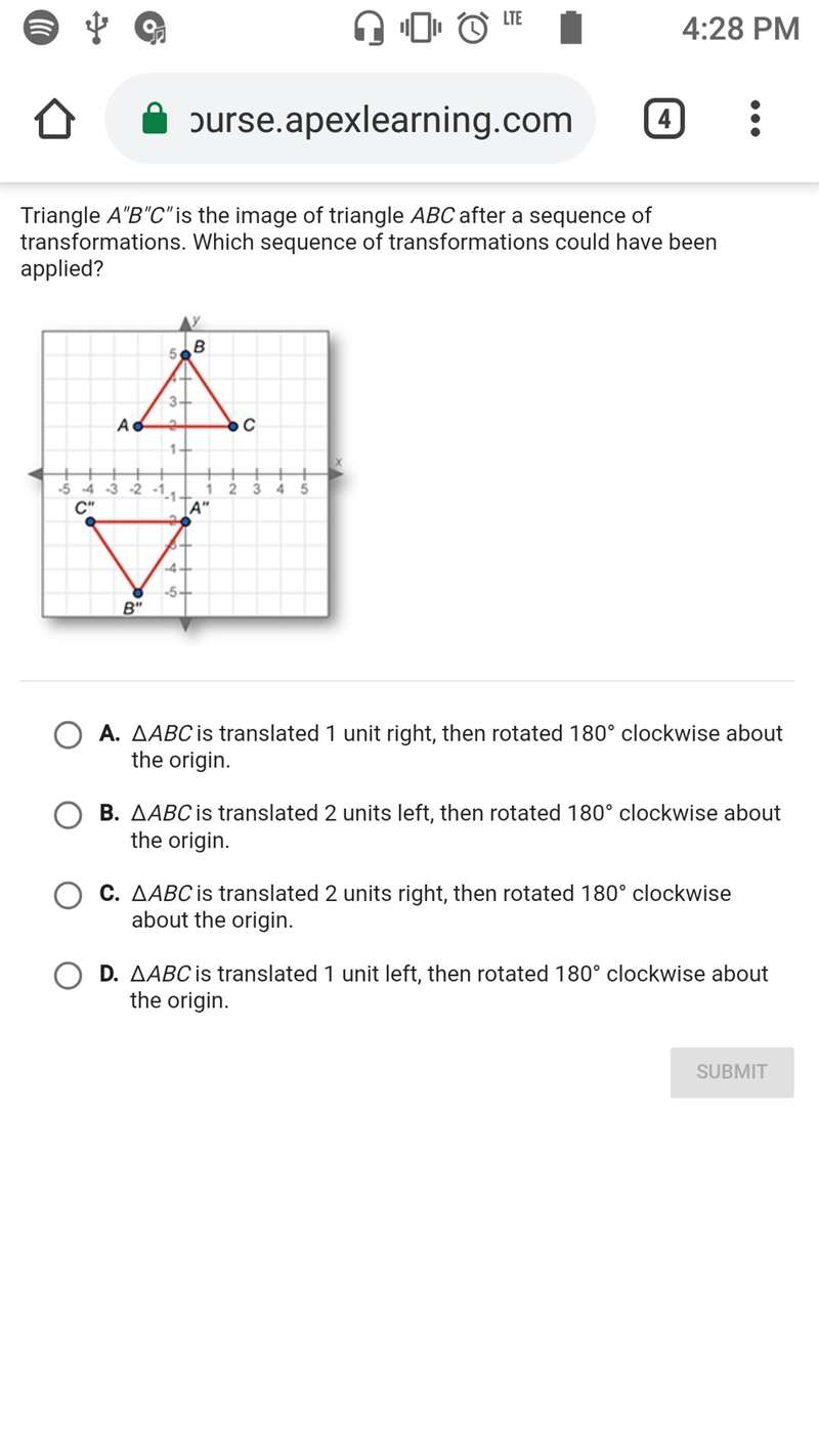 Triangle A"B"C" is the image of triangle ABC after a sequence of transformations-example-1