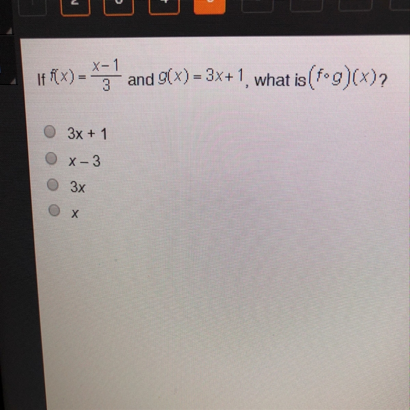 If f(x)=x-1/3 and g(x)=3x+1, what is (f*g)(x) 3x+1 x-3-example-1