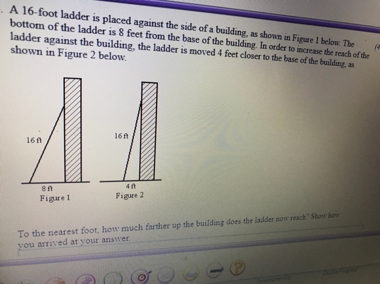 To the nearest foot, how much farther up the building does the ladder now reach? Show-example-1