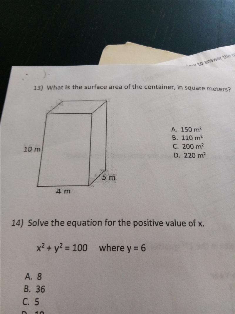 What is the surface area of the container, in square meters? a. 150 m^2 b. 110 m^2 c-example-1