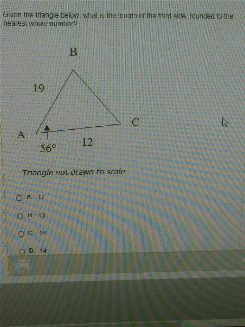 Given the triangle below what is the length of the third side rounded to the nearest-example-1