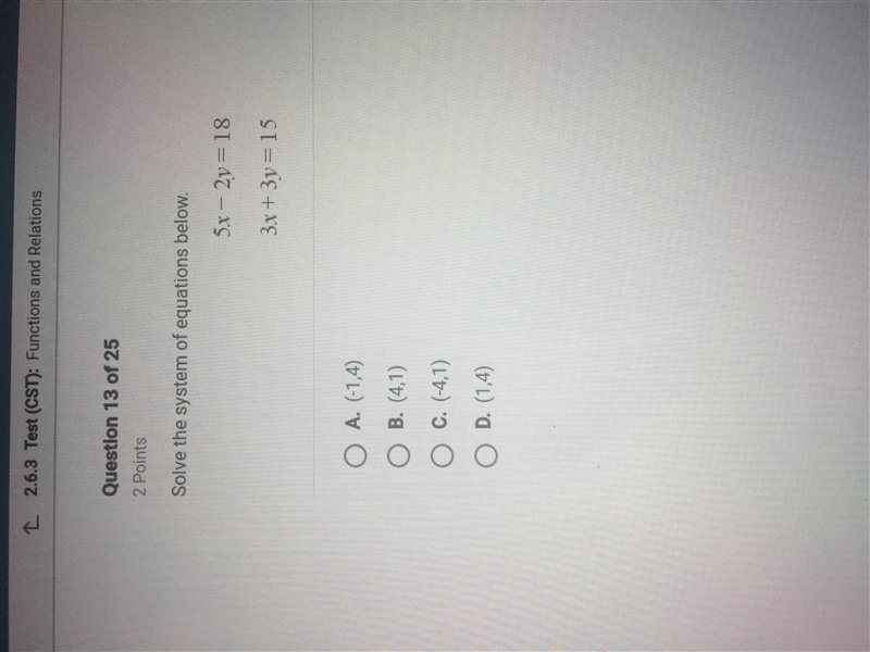 Solve the system of equations below. 5x-2y=18 3x+3y=15-example-1