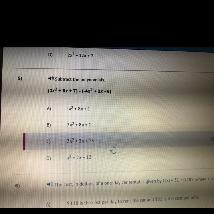 Subtract and polynomials (3x^2+5x+7)-(-4x^2+3x-6 please help ASAP-example-1