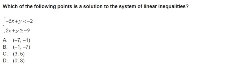 Which of the following points is a solution to the system of linear inequalities? A-example-1