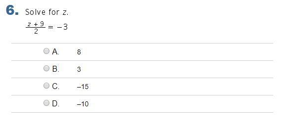 Solve for z. (z+9)/(2)=-3-example-1