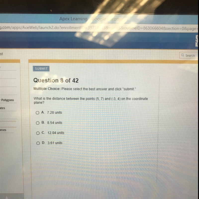 What is the distance between the points (5, 7) and (-3, 4) on the coordinate plane-example-1