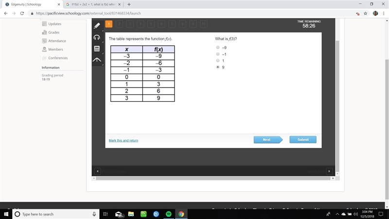 What is f(3)? –9 –1 1 9-example-1