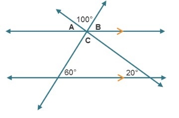 The diagram shows parallel lines cut by two transversal lines creating a triangle-example-1