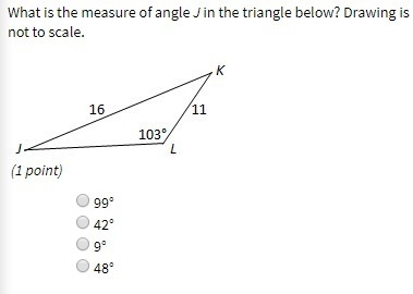 (40 POINTS) What is the measure of angle J in the triangle below? Drawing is not to-example-1