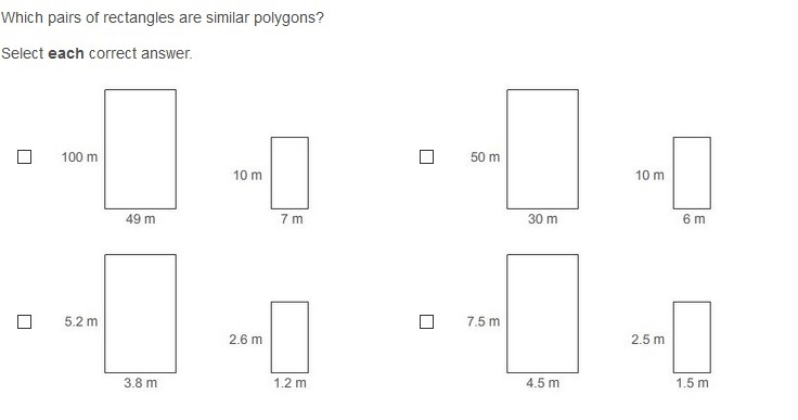 Which pairs of rectangles are similar polygons? Select each correct answer.-example-1