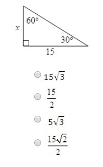 What is the value of x? 15 sqrt 3 15 over 2 5 sqrt 3 15 sqrt 2 over 2-example-1