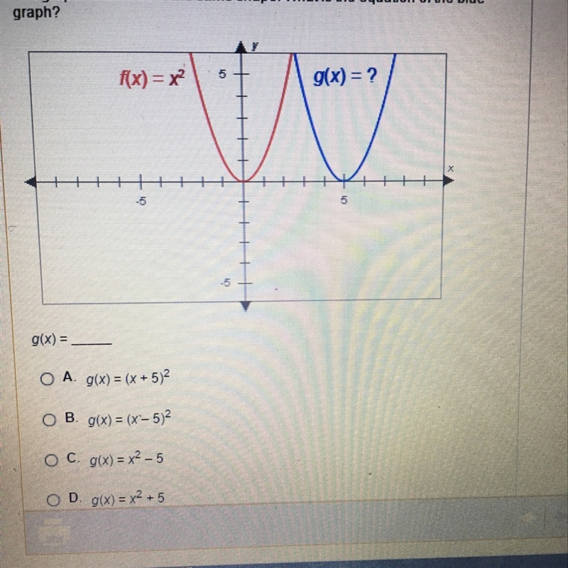 The graphs below have the same shape. What is the equation of the blue-example-1