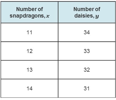 Hans is planting a garden with snapdragons and daisies. The table shows some possible-example-1