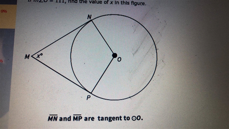 If m∠O = 111, find the value of x in this figure. -55.5 -69 -291 -222-example-1