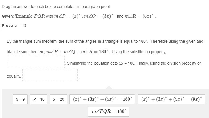 Drag an answer to each box to complete this paragraph proof. Given: Triangle PQR with-example-1