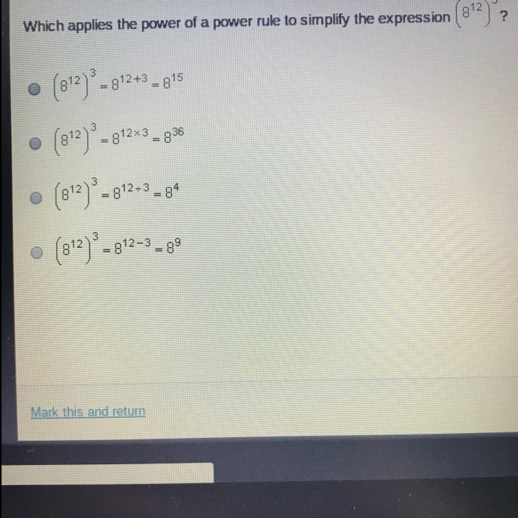 Which applies the power of a power rule to simplify the expression 8^12 3-example-1