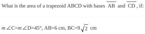 What is the area of a trapezoid ABCD with bases AB and CD , 1) if: m∠C=m∠D=60°, AB-example-1