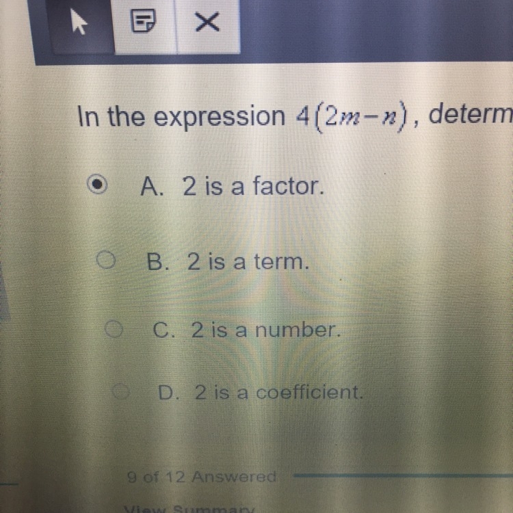 In the expression 4(2m-n), determine which of the following best describes the role-example-1