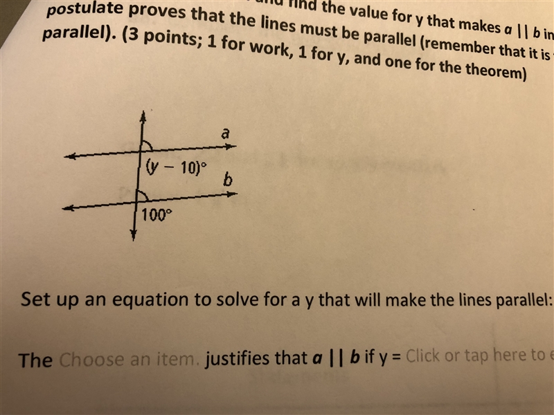 Set up an equation and find the value for y that makes a || b in the diagram below-example-1