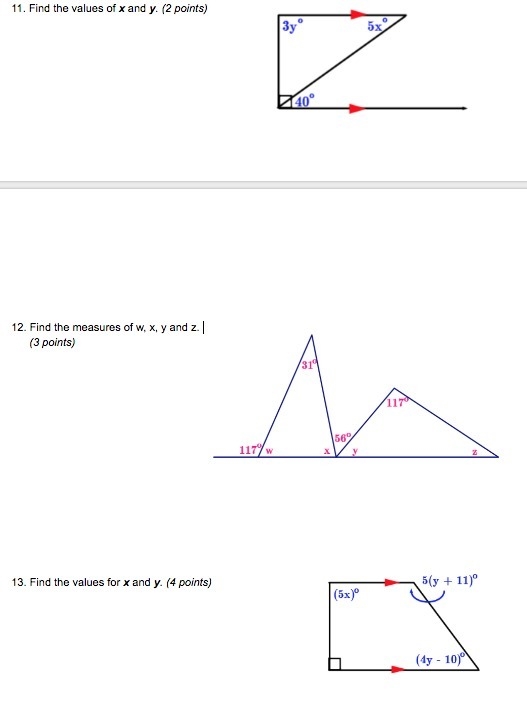 Need Help, I do not understand. 11. Find the values of x and y. (2 points) 12. Find-example-1