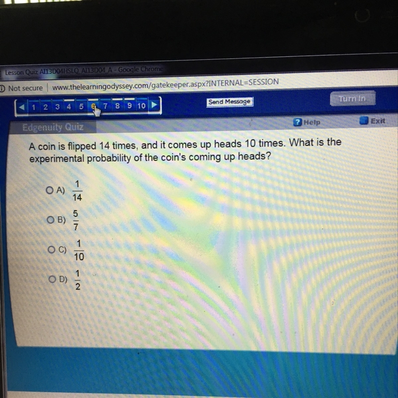 A coin flipped 14 times and it comes up heads 10 times what is the experimental probability-example-1