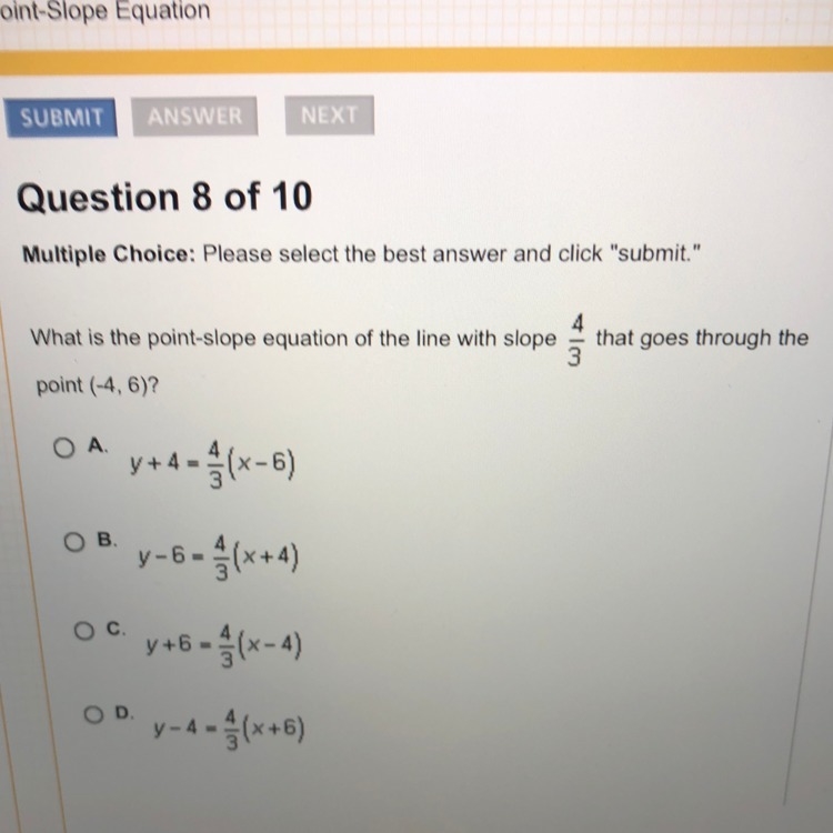 What is the point-slope equation of the line with a slope 4/3 that goes through the-example-1