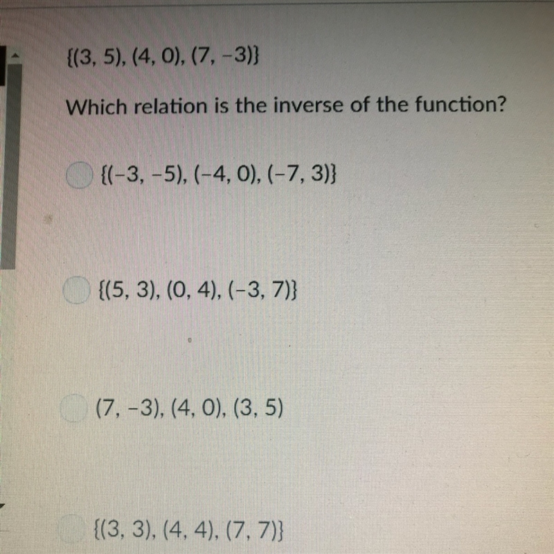 Which relation is the inverse of the function please answer-example-1