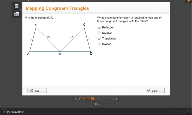 What single transformation is required to map one of these congruent triangles onto-example-1