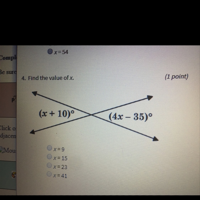 Find the value of x?? 1) 9 2) 15 3) 23 4) 41-example-1