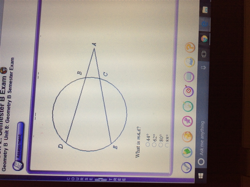 1. In the figure, m DE=124, and M BC=36. The diagram is not drawn to scale. What is-example-1