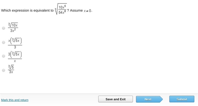 Which expression is equivalent to ^3 square root 10x^5/54x^8 ?-example-1