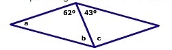 In the parallelogram below find the value of a, b and c.-example-1