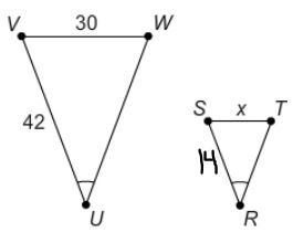 IfΔUVW∼ΔRST , what is the value of x? 30 10 15 42-example-1