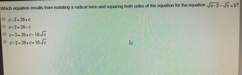 which equation results from isolating a radical term and squaring both sides of the-example-1