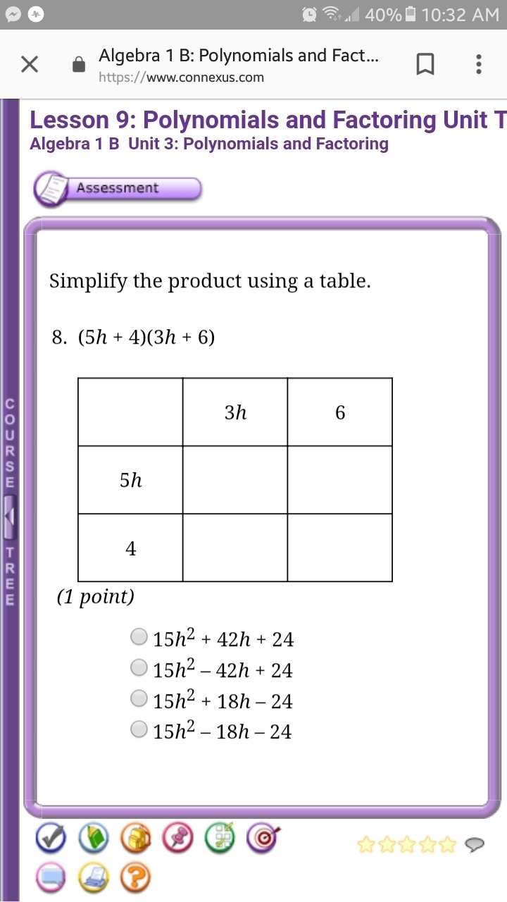 7. Simplify the product using the distributive property. (5h - 3)(3h + 7) (A). 15h-example-1