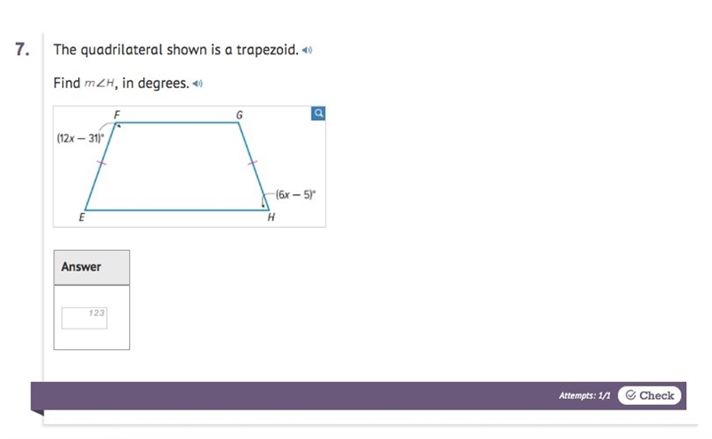 Hey! Please find the value of x, so I can find the value of angle H! Thanks-example-1