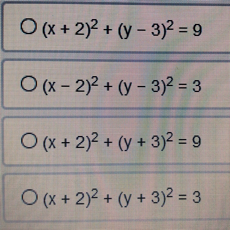 A circle has it center at (-2, -3) and a radius of 3 units. What is the equation of-example-1