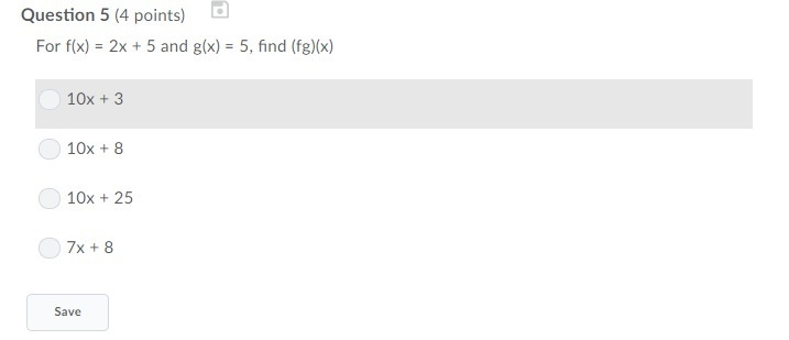 F(x) =2x + 5 and g(x)=5, find(fg)(x)-example-1