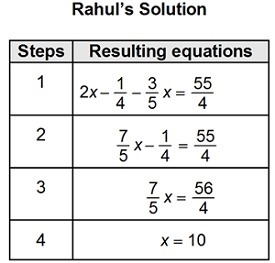 Rahul solved the equation 2(x – 1/8 ) – 3/5x = 55/4. In which step did he use the-example-1