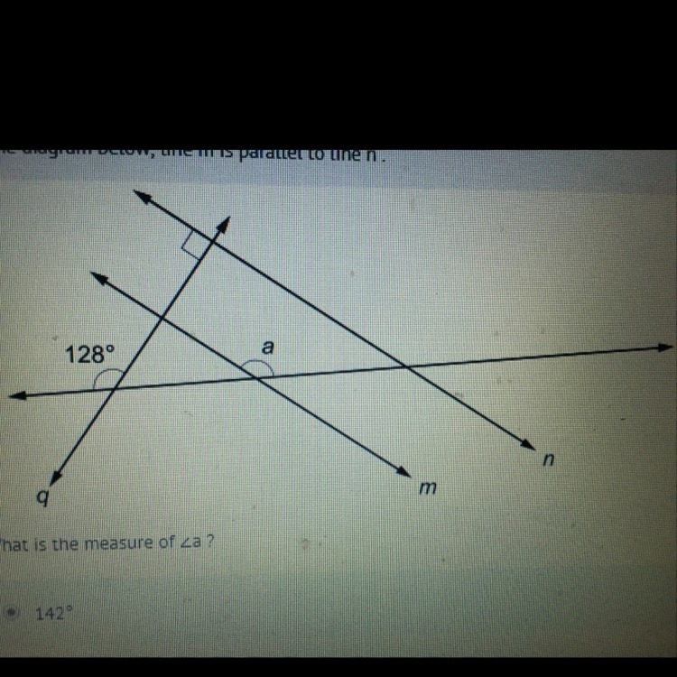 In the diagram below line m is parallel to line n What is the measure of 142 52 38 90-example-1