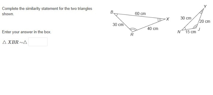 Complete the similarity statement for the two triangles shown.-example-1