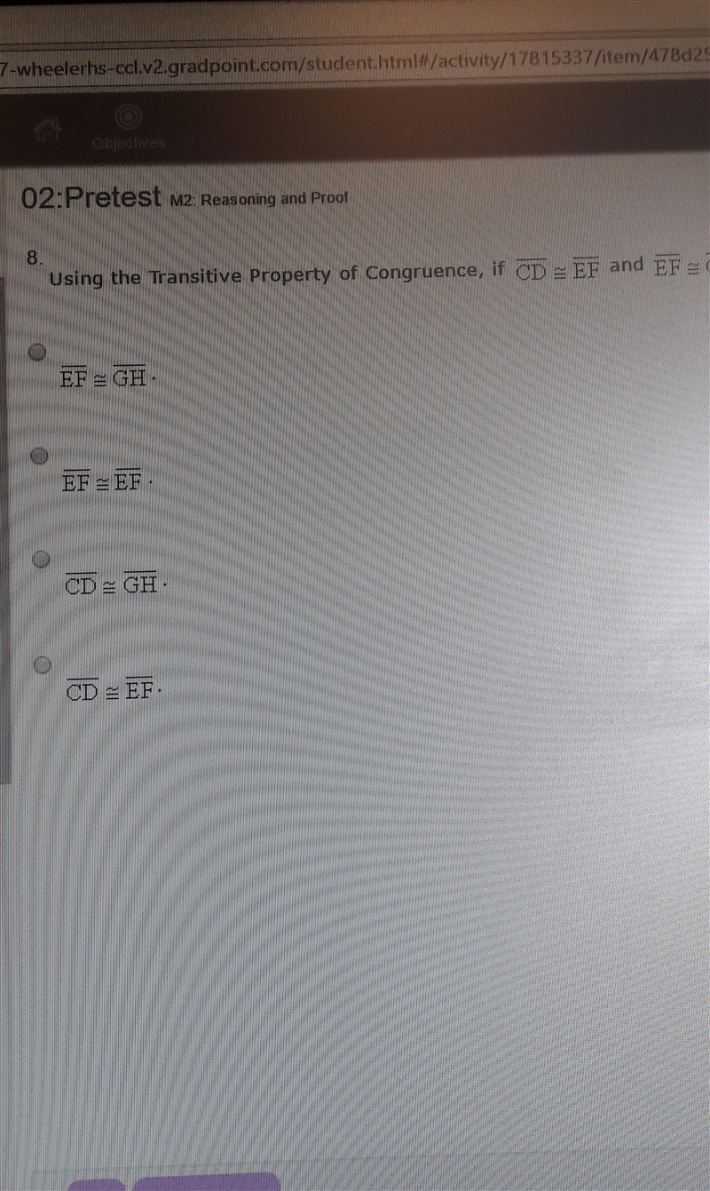 Using the transitive property of congruence if CD=EF and EF=GH then _____-example-1