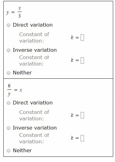 For each equation, determine whether it represents a direct variation, an inverse-example-1